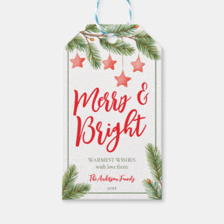 Watercolor Merry Bright Pine Tree Red Stars Custom Gift Tags