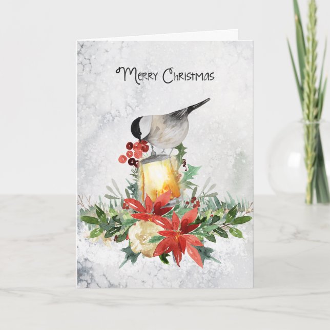 Watercolor Merry Chickadee Christmas Greeting Card (Front)