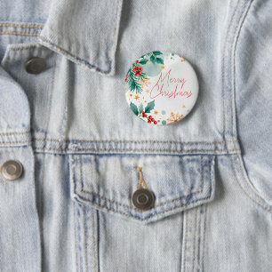 Watercolor Merry Christmas Button – Holiday Leaves