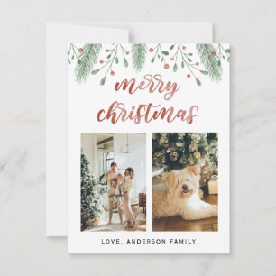Watercolor Merry Christmas Calligraphy Two Photo  Holiday Card