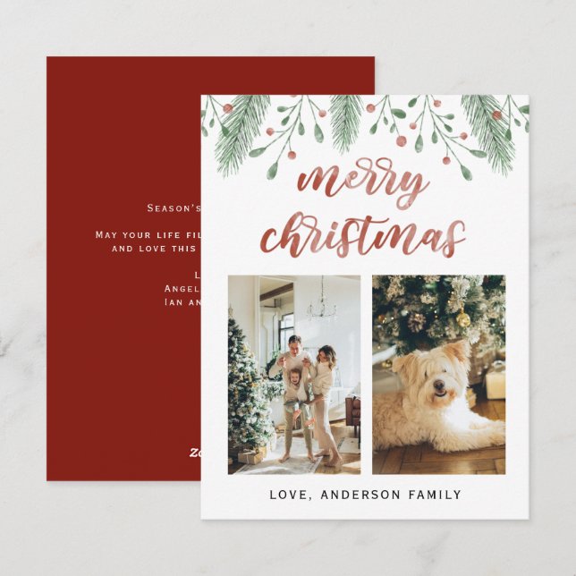 Watercolor Merry Christmas Calligraphy Two Photo Holiday Card (Front/Back)
