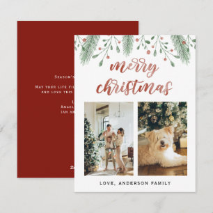 Watercolor Merry Christmas Calligraphy Two Photo Holiday Card
