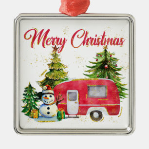 WATERCOLOR MERRY CHRISTMAS CAMPER & TREES METAL TREE DECORATION