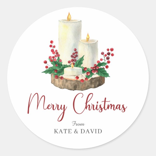 Watercolor Merry Christmas Candles Berries Leaves Classic Round Sticker (Front)