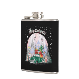 Watercolor Merry Christmas, Car Of Gifts Hip Flask