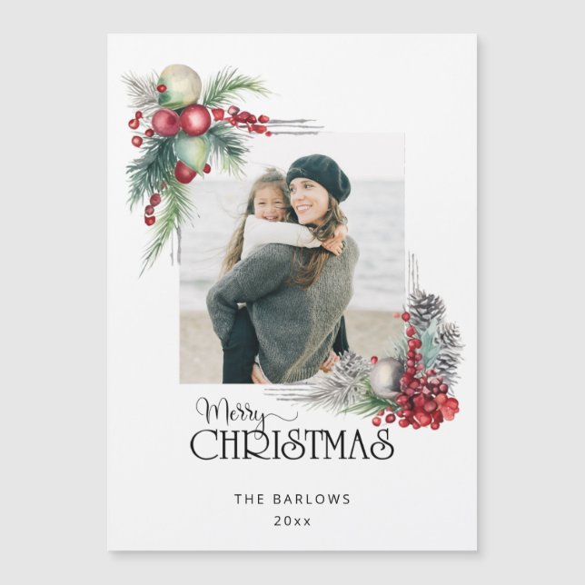 Watercolor Merry Christmas Christmas Floral Photo (Front)
