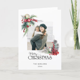 Watercolor Merry Christmas Christmas Floral Photo Holiday Card