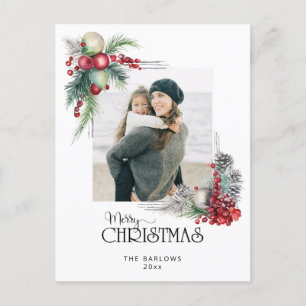 Watercolor Merry Christmas Christmas Floral Photo Holiday Postcard