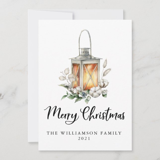 Watercolor Merry Christmas Cotton Greenery Lantern (Front)