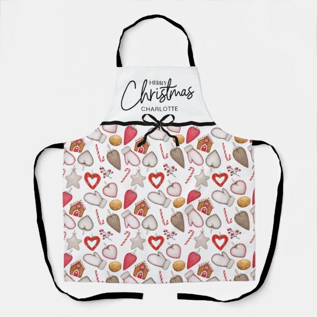 Watercolor Merry Christmas Custom Name Holiday  Apron (Front)