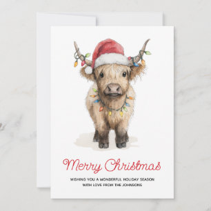 Watercolor Merry Christmas Cute Highland Cow Holiday Card