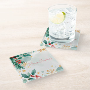 Watercolor Merry Christmas Glass Coaster – Elegant