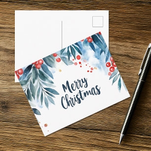 Watercolor Merry Christmas Holiday Postcard