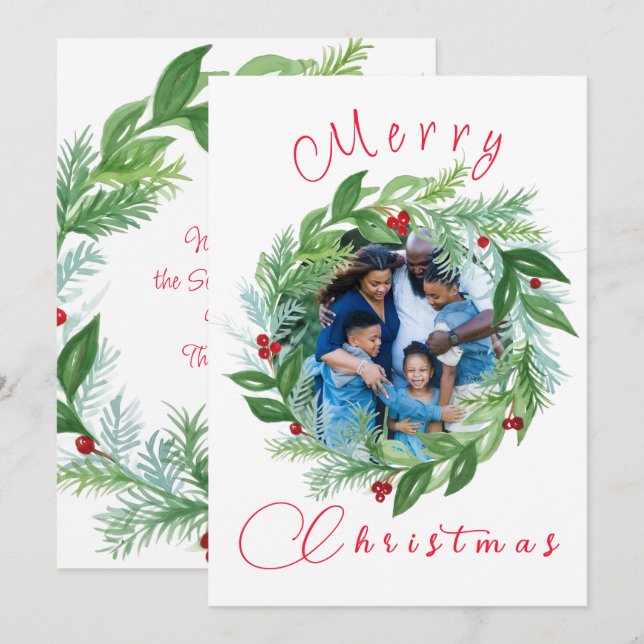 Watercolor Merry Christmas Holiday Wreath PHOTO (Front/Back)