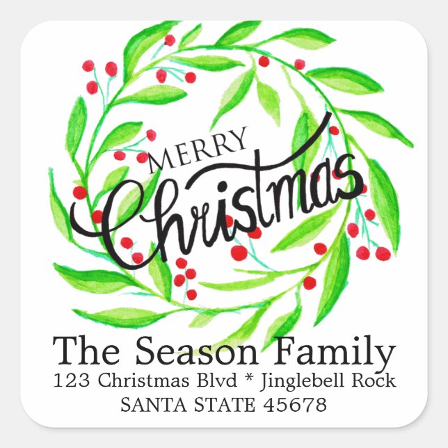 watercolor merry christmas holly address square sticker (Front)