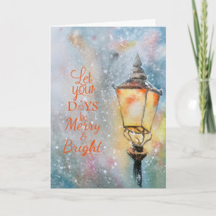 Watercolor Merry Christmas Lamp Post in Snowfall Holiday Card