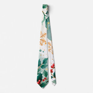 Watercolor Merry Christmas Leaves & Berries Tie