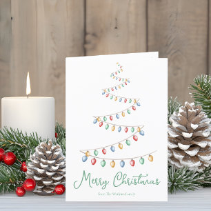 Watercolor Merry Christmas Lights Tree Modern Holiday Card