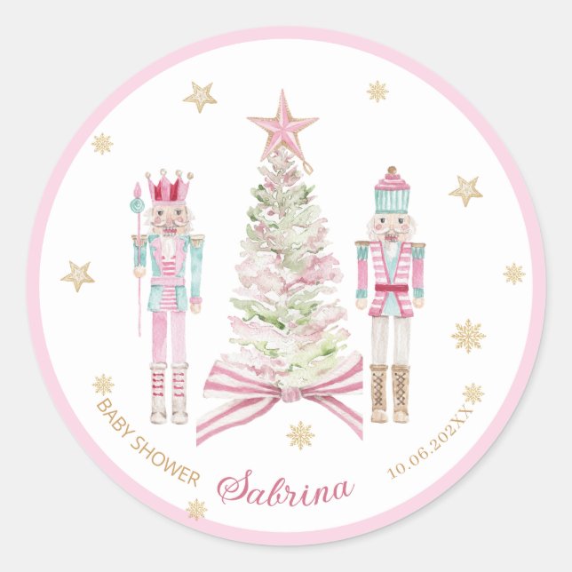  Watercolor Merry Christmas Nutcracker ballet pink Classic Round Sticker (Front)