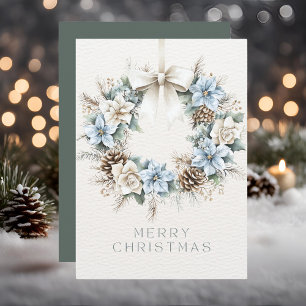 Watercolor Merry Christmas Pinecone Wreath Holiday Card