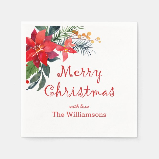 Watercolor  Merry Christmas Poinsettia Napkin (Front)