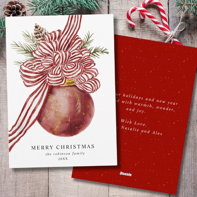  Watercolor Merry Christmas Red Bow Ornament Holiday Card (Creator Uploaded)