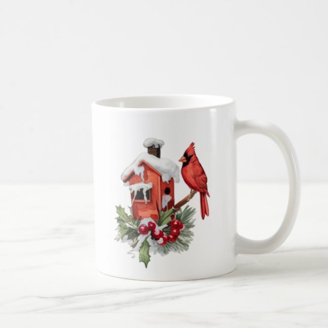 Watercolor Merry Christmas Red Cardinal & Berries Coffee Mug (Right)