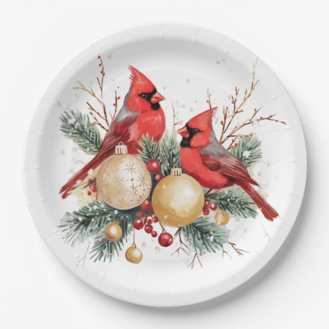 Watercolor Merry Christmas Red Cardinal & Berries Paper Plate (Front)
