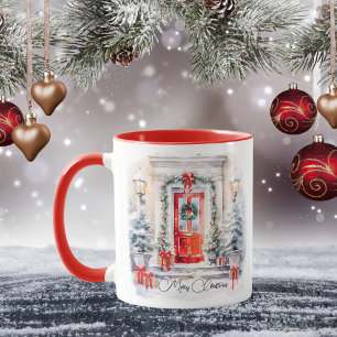 Watercolor Merry Christmas Red Door Elegant Mug