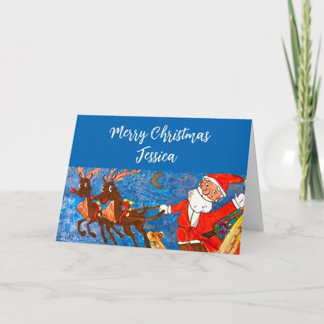 Watercolor Merry Christmas Santa Reindeer Daughter Holiday Card (Front)