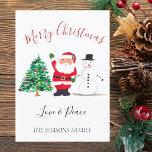 Watercolor Merry Christmas Santa Snowman  Holiday Card<br><div class="desc">Merry Christmas card. Watercolor Santa,  snowman,  Christmas tree,  non photo,  traditional card. Please personalise it with your details.</div>