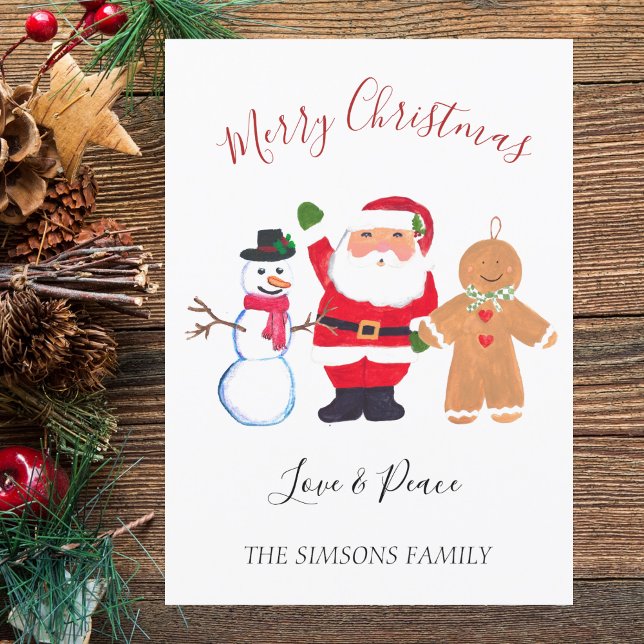 Watercolor Merry Christmas Santa Snowman  Holiday Card (Creator Uploaded)