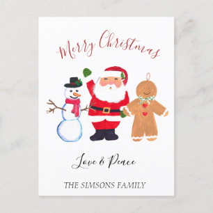 Watercolor Merry Christmas Santa Snowman  Holiday Postcard