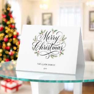 Watercolor Merry Christmas Script Botanical    Holiday Card