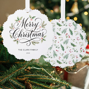 Watercolor Merry Christmas Script Botanical    Tree Decoration Card