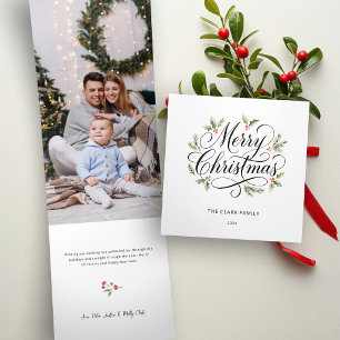 Watercolor Merry Christmas Script Botanical    Tri-Fold Holiday Card