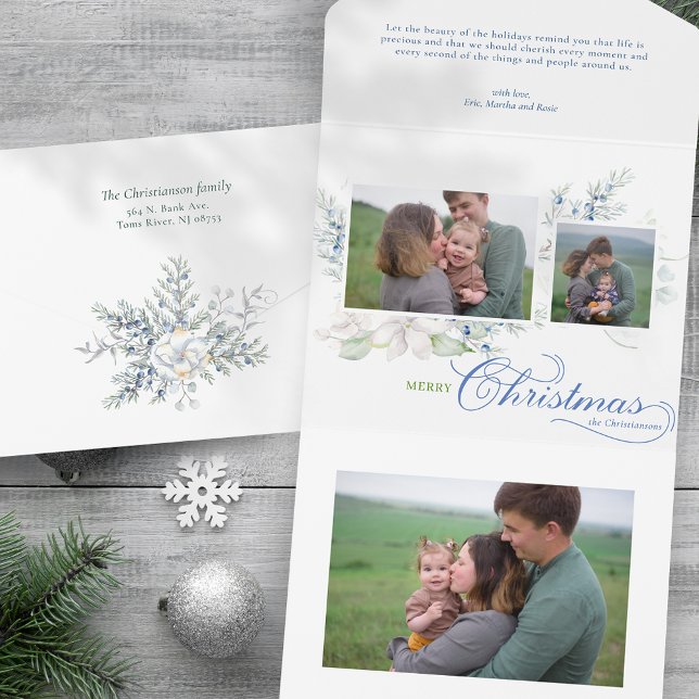 Watercolor Merry Christmas Script Juniper 3-Photo All In One Invitation (Creator Uploaded)