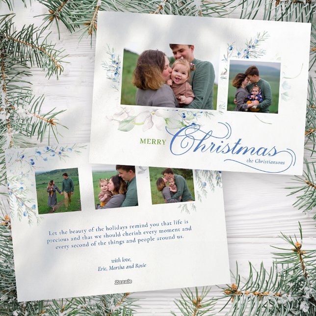 Watercolor Merry Christmas Script Juniper Photo Holiday Card (Creator Uploaded)