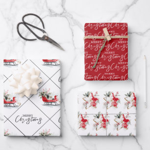 Watercolor Merry Christmas Sleigh Wrapping Paper Sheet