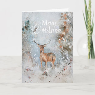 Watercolor Merry Christmas Snow Deer Woodland Holi Holiday Card