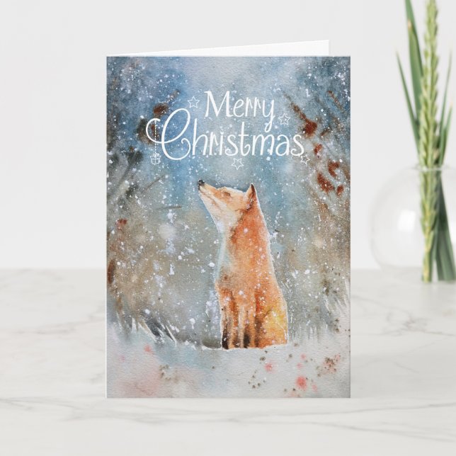 Watercolor Merry Christmas Snow Wolf Woodland Holiday Card (Front)