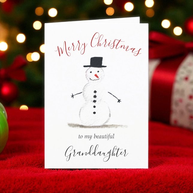 Watercolor Merry Christmas Snowman Granddaughter Holiday Card (Creator Uploaded)
