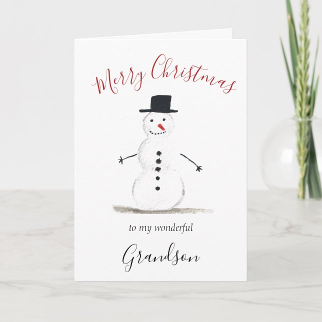 Watercolor Merry Christmas Snowman Grandson Holiday Card (Front)