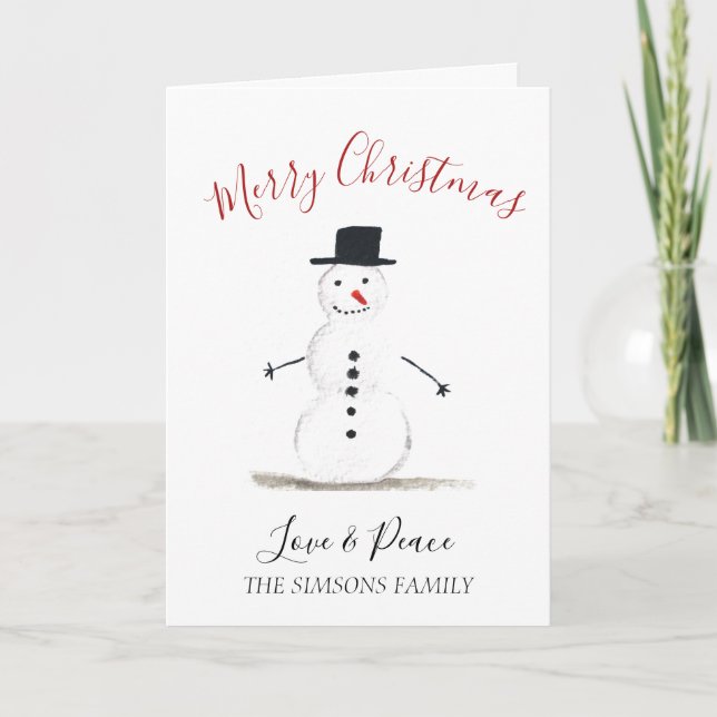 Watercolor Merry Christmas Snowman  Holiday Card (Front)