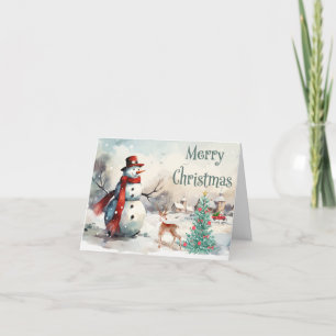 Watercolor Merry Christmas Snowman Holiday Card