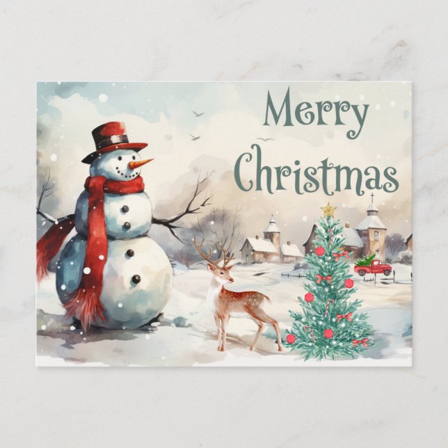 Watercolor Merry Christmas Snowman  Holiday Postcard (Front)
