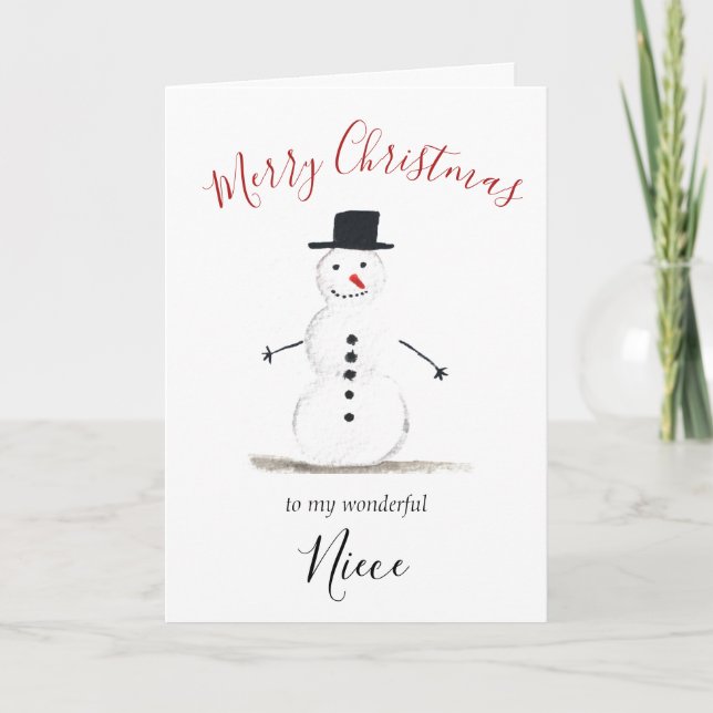 Watercolor Merry Christmas Snowman Niece Holiday Card (Front)