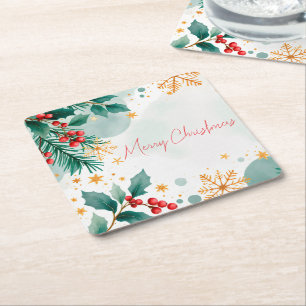 Watercolor Merry Christmas Square Paper Coaster