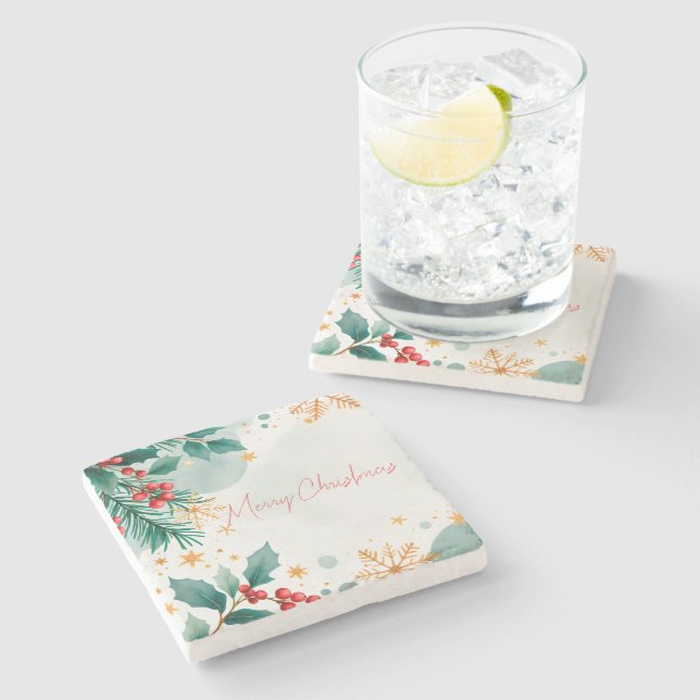 Watercolor Merry Christmas Stone Coaster – Elegant (Side)