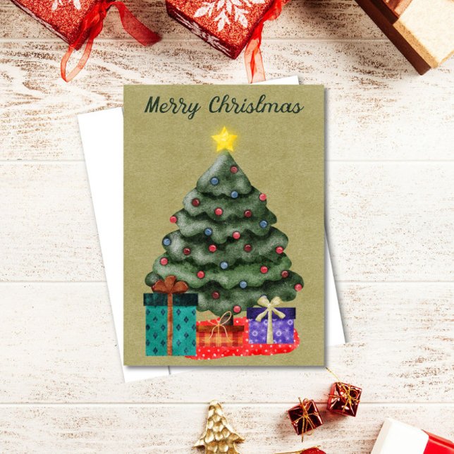 Watercolor Merry Christmas Tree Holiday Card (Creator Uploaded)